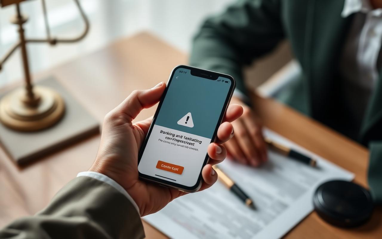 Mão segurando celular com alerta na tela, sobre mesa com documentos e caneta